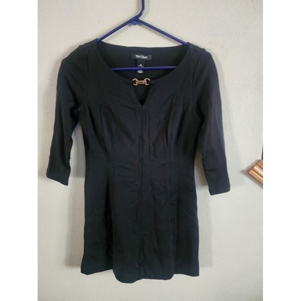 White House Black Market Black Mini Dress Tunic Top XXS Gold Horsebit Office EUC